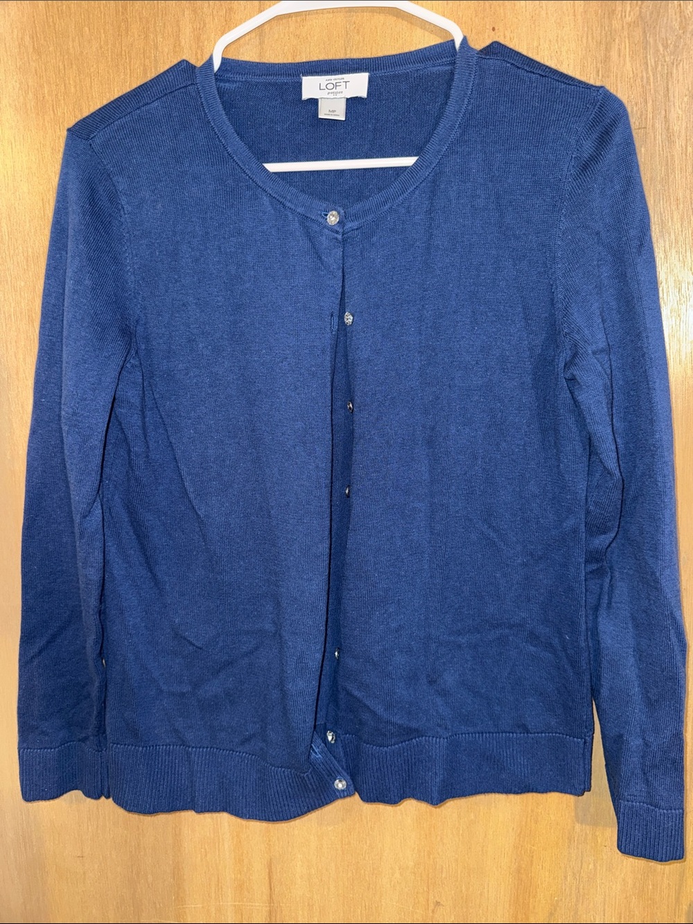 LOFT %100 Cotton Blue Rhinestone Button-Front Crewneck Cardigan Petite Medium